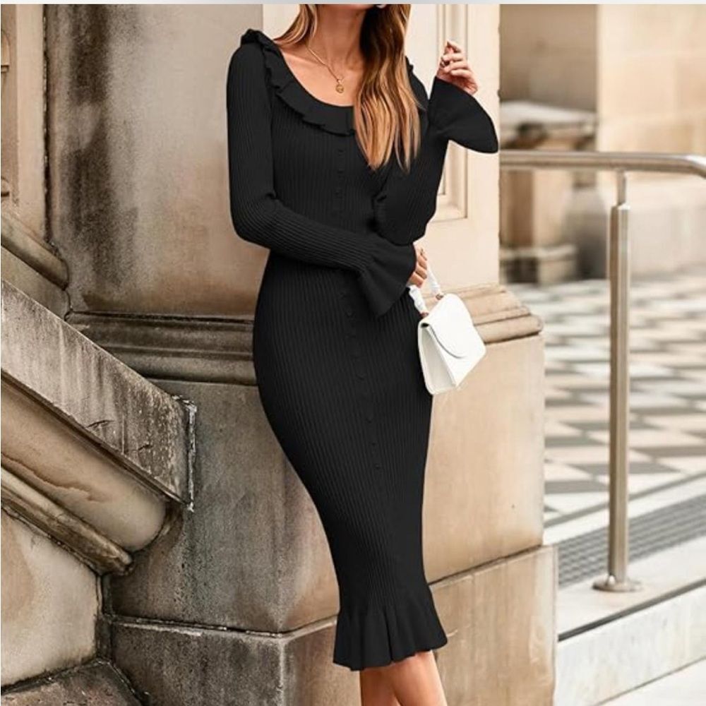 Black Ruffle Ribbed Knit Sweater Dress Long Sleeve Bodycon Maxi Dress - Picture 5 of 8